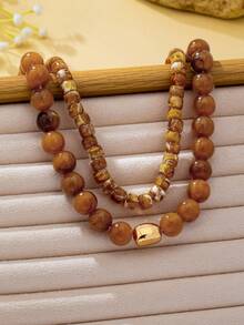 OABE 2pcs/Set Bohemian Style Brown Tone Spherical Beads & Asymmetrical Shaped Beads Necklace Set, Layered Vintage Autumn Outfit Accessory Suitable For Women's Daily Wear - Brown - View 6