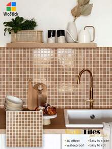 10*10 Inch Waterproof Textured Vinyl DIY Self-Adhesive Peel And Stick Splash-Proof Wall Tiles, Gradient Warm Beige Mini Square Mosaic Wallpaper, Soft Earth Tone Transition, Glossy Ceramic Texture Surface, Suitable For Home Decor - Mocha Brown Mosaic Tiles - View 1