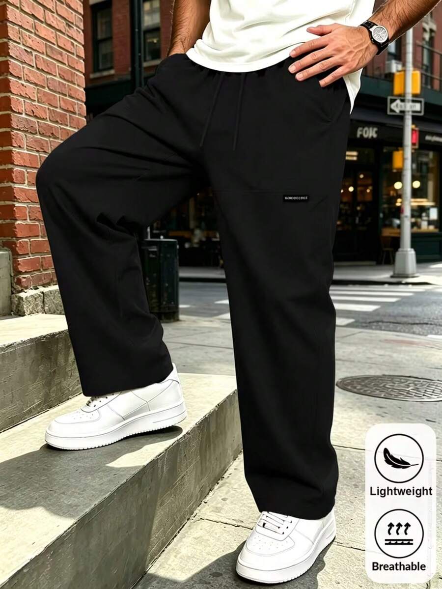 Men's Casual Pants For Spring, Summer And Autumn, Drawstring Waist, Side Pockets, Letter Pattern On Legs, Suitable For Outdoor Sports And Daily Wear - Black - View 1