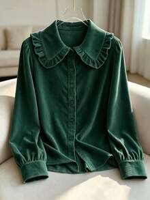 Women's Autumn/Winter Corduroy Solid Color Ruffle Collar Casual Shirt - Dark Green - View 6