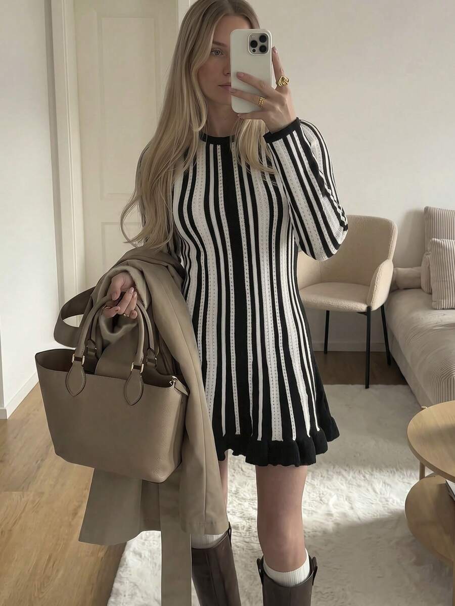 Women's Colorblock Striped Knit Dress, Long Sleeve Flared Hem Ribbed Slim Fit Sweater Dress, Elegant Date Autumn Winter Outfit - Multicolor - View 1
