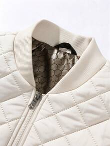 Blueprint Man 1pc Men's White Diamond Quilted Baseball Collar Jacket, Smooth Metal Zipper Closure, Symmetrical Side Pockets, Loose Drop Shoulder Fit, Casual Commute Daily Layering, Minimalist Casual Style - White - View 5