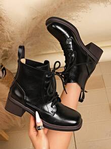 Solid Color Commuter Side Zipper Holiday Vintage Lace-Up Chunky Heel Ankle Boots Women Autumn/Winter New Style Back Zipper Round Toe Versatile British Fashion Boots - Black - View 3