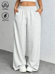Women's Straight Leg Casual Sweatpants, Fashionable Minimalist Elastic Waist With Side Pockets Sports - Light Grey - View 1