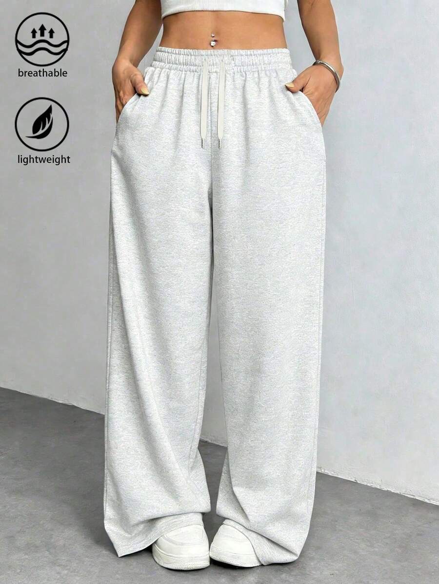 Women's Straight Leg Casual Sweatpants, Fashionable Minimalist Elastic Waist With Side Pockets Sports - Light Grey - View 1