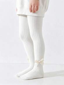 3 Pairs Thick Ribbed Bow Leggings For Baby Girls, Sweet And Cute, Suitable For Autumn, Winter, Spring, School And Outdoor Wear - Multicolor - View 4
