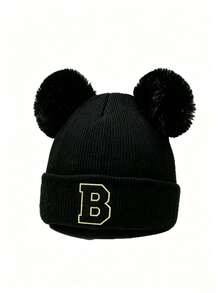 1pc Black Fashionable 26 Letter Patch Random Versatile Street Style Beanie Hat Unisex Warm & Cold-Proof Knitted Cap - A - View 5