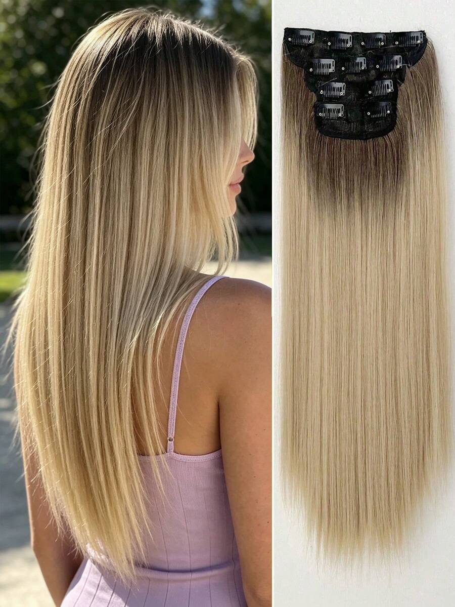 4pcs/Set Ombre 24 Inch Long Straight Clip-In Hair Extensions For Women, Synthetic Full Head Hair Pieces, Halloween