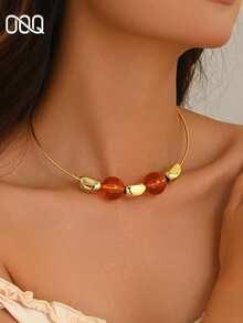 OOQ 1pc Bohemian Style Colorful Asymmetrical Geometric Resin Beaded Choker Necklace, Adjustable Size Fashionable Versatile Women's Necklace, Suitable For Daily Commute, Date, Sweater, Top, Dress, Social Gift - Gold - View 5