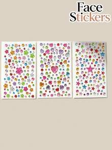 3pcs Colorful Heart Star Round Face Rhinestone Gems, Random Color, For Face Eye Area Decoration, Y2K, Face Glitter, Carnival, Face Stickers, 3D Stickers, Face Gems, Decorative Rhinestones, For Hair Accessories - Multicolor - View 2