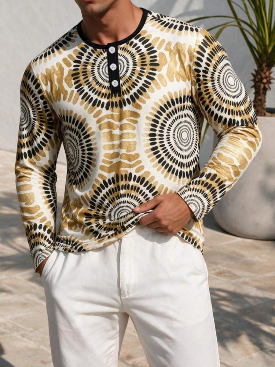 Men's Vintage Circle Pattern Long Sleeve Henley Shirt, Bohemian Geometric Mandala Print Button Placket Casual Vacation Top - Multicolor - View 1