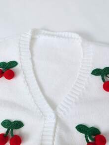 Girls' 3D Cherry Knit Cardigan, New Autumn/Winter V-Neck Long Sleeve White Sweater Cardigan - White - View 3