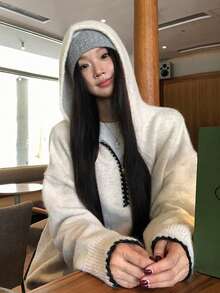 Women's Winter Half-Zip Hooded Knit Pullover Sweater Top - Apricot - View 9