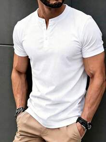 Men's Short Sleeve Henley Collar Polo Shirt, Breathable Knit Fabric, Slim Fit Casual Solid Color Basic Top - White - View 3