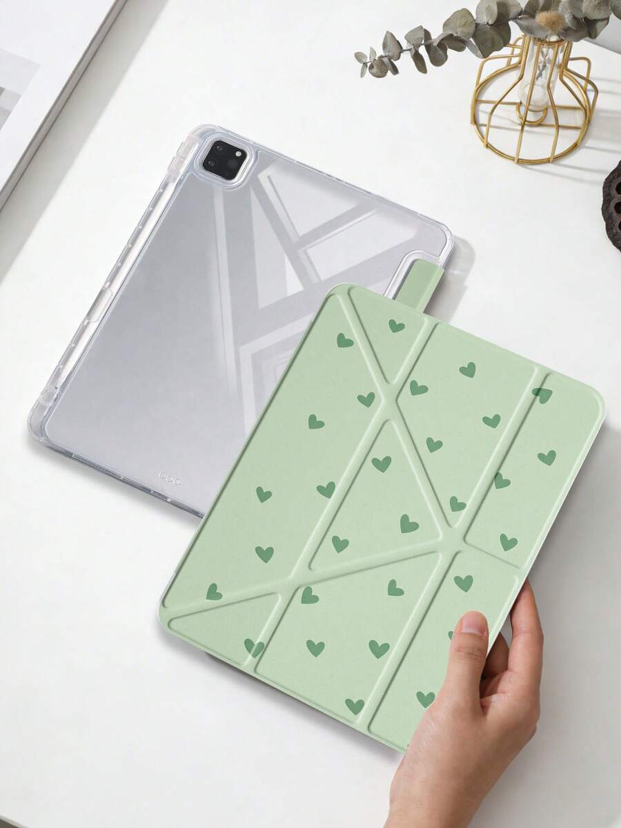 1件抹茶綠小愛心平板保護殼，適用於iPad Mini6/7/Air/Air2/9.7/10.2/10.5/10.9 (Air4-Air8)/Pro 11/10th Gen/A16/Pro 11 2024，彩繪圖案平板殼配透明壓克力背殼，三折支架，自動休眠/喚醒，內置筆槽，不含筆，部分機型附相機框 - 彩色 - 查看 1