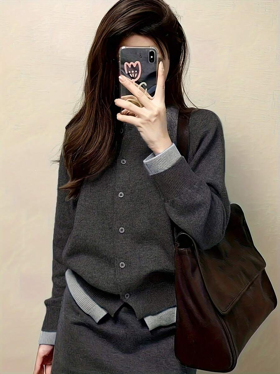 2-in-1 컬러 블록 가디건, 여성용 가을/겨울 오픈 프론트 재킷, 일본 & 한국 스타일 패셔너블한 투톤 스플라이스드 상의, 캐주얼 싱글 브레스트 긴소매 가디건 - 차콜 블랙 - 보기 1