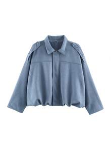 HLPHA Women's Elegant Solid Color Faux Suede Baseball Jacket, Lightweight Basic Casual Autumn Back-To-School Commuter Outerwear - Dusty Blue - View 3