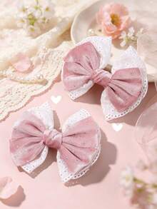 2pcs/Set Autumn/Winter Girls Pink Lace Bow Hair Clips With Rhinestone Decor, White Hollow Lace Edge, Alligator Clip, Cute Wedding & Daily Children Hair Accessories - Multicolor - View 1