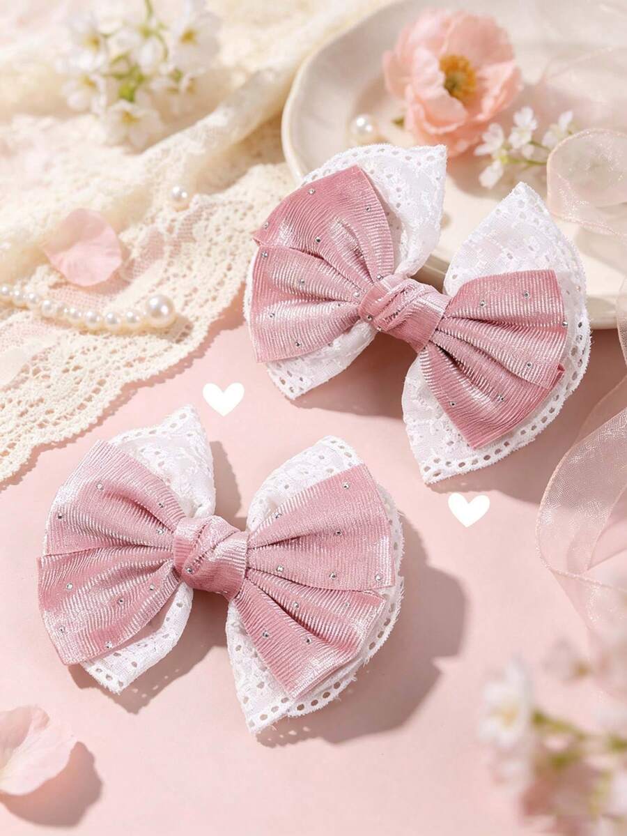 2pcs/Set Autumn/Winter Girls Pink Lace Bow Hair Clips With Rhinestone Decor, White Hollow Lace Edge, Alligator Clip, Cute Wedding & Daily Children Hair Accessories - Multicolor - View 1