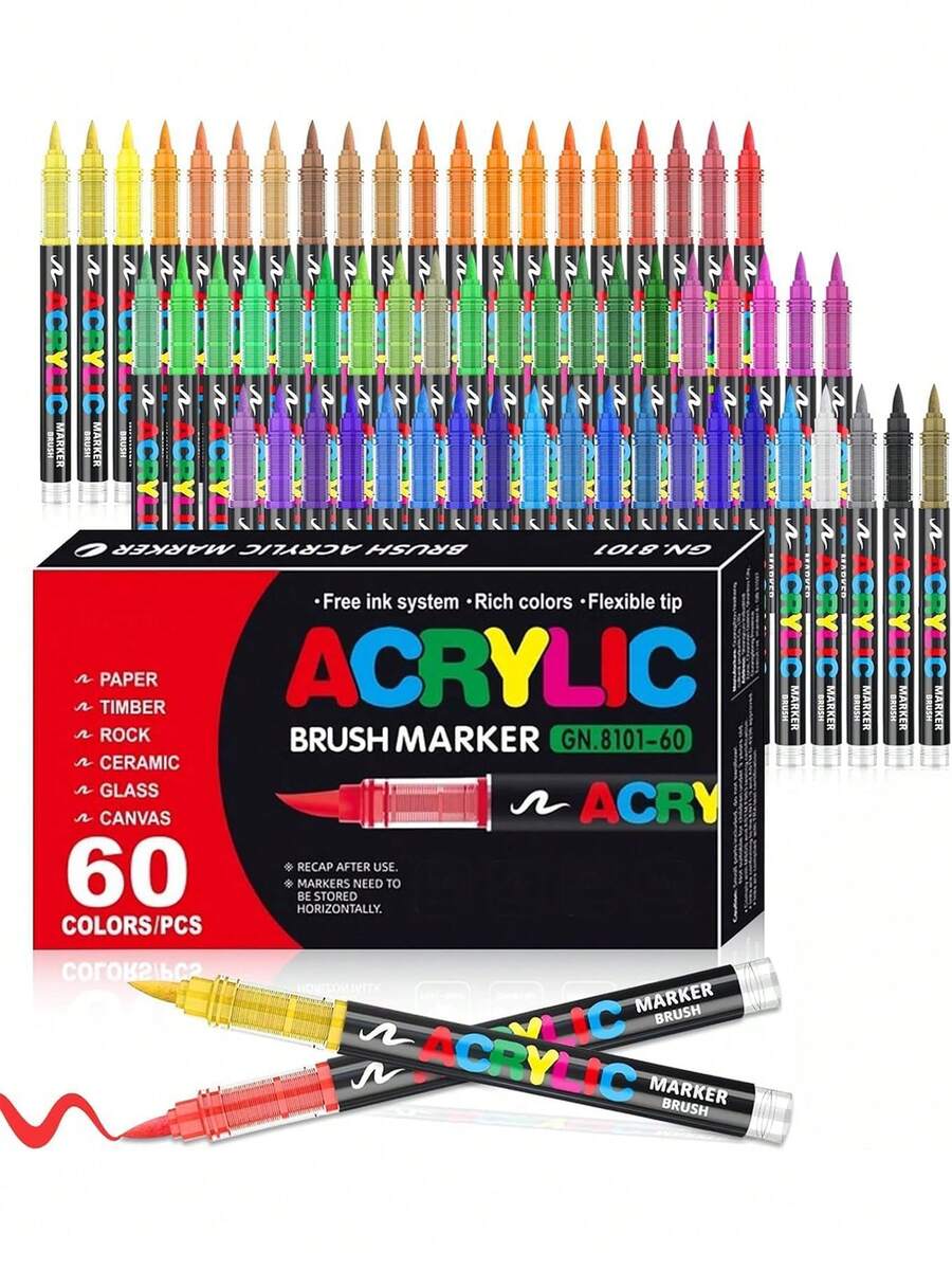 24pcs/36pcs Colorful Soft Tip Acrylic Marker Set, Large Capacity DIY Planner Brush Pens, Coloring Painting Pens, Large Capacity Graffiti Pens, Suitable For Office, Study, Painting, Marking, Stone Blocks, Back To School Season, Random Colors, Random Packaging