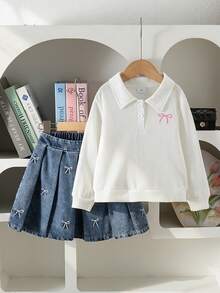 2pcs Girls Minimalist Preppy Style Bow Embroidery Polo Collar Long Sleeve Top & Matching Embroidered Pleated Skirt Set, Spring/Autumn - White - View 1