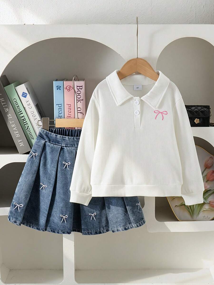 2pcs Girls Minimalist Preppy Style Bow Embroidery Polo Collar Long Sleeve Top & Matching Embroidered Pleated Skirt Set, Spring/Autumn - White - View 1