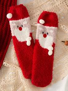 1 Pair Christmas Gift Cartoon Plush Socks, Coral Fleece Home Floor Air Conditioning Socks, Cute Warm Mid-Calf Sleep Socks - Multicolor - View 8