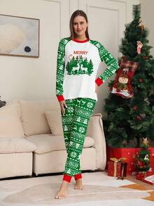 Women's 2pcs Christmas Pajama Set, Raglan Sleeve Deer Christmas Tree Letter Print Top, Green Snowflake Christmas Tree Jacquard All-Over Print Pants, Holiday Loungewear Set - Multicolor - View 1