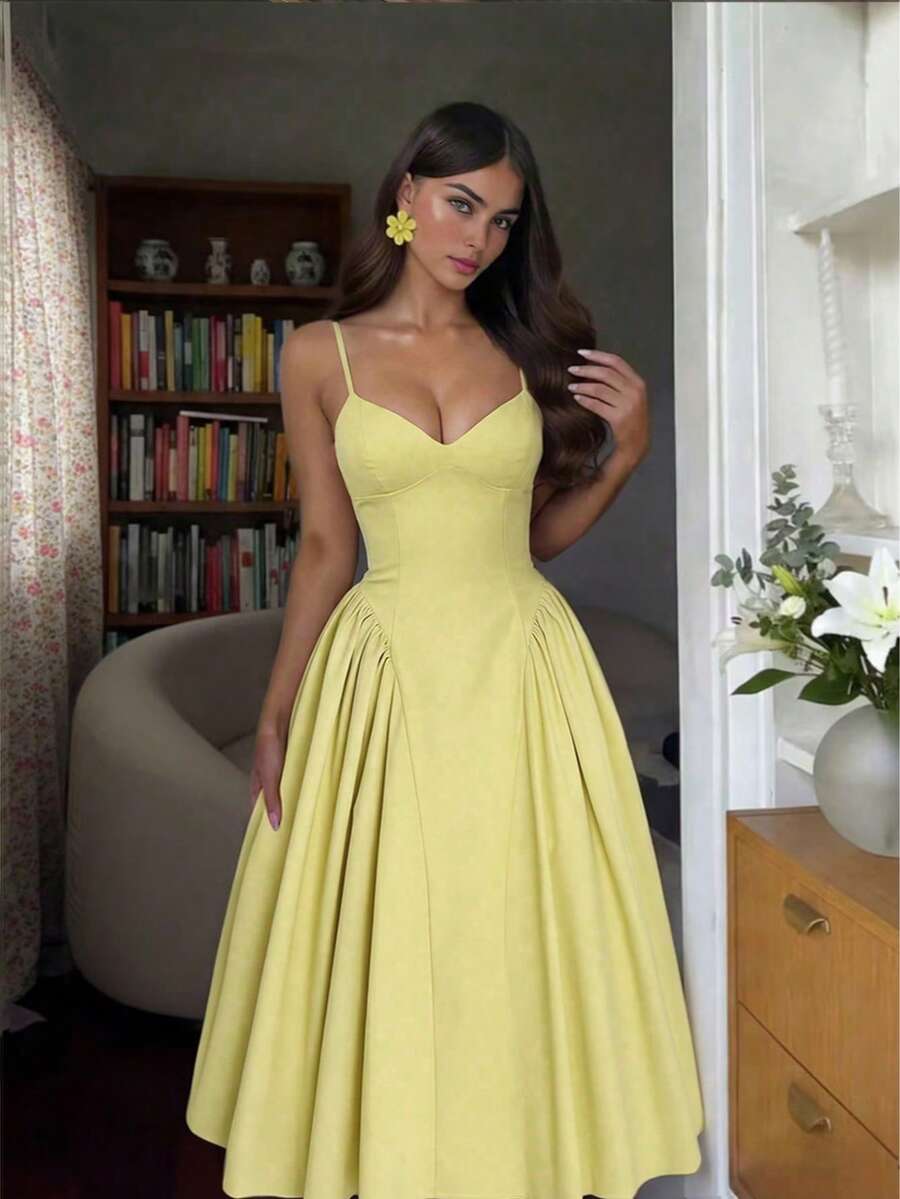 Women's Solid Color Side Splice Ruched Bust Cup Sexy Elegant Elegant Fashion Vacation Wedding Party Spaghetti Strap Dress Summer Yellow - Yellow - View 1