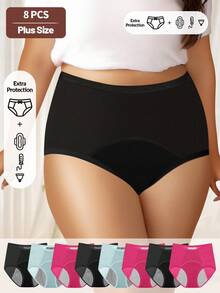 MEIYATING 8pcs Plus Size Women's High Waist Leak-Proof Period Panties, Soft Elastic Menstrual Underwear, Extra Protection Triangle Briefs - Multicolor - View 2