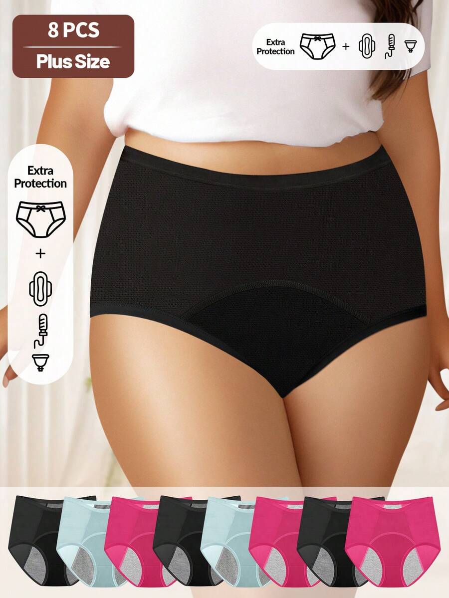 MEIYATING 8pcs Plus Size Women's High Waist Leak-Proof Period Panties, Soft Elastic Menstrual Underwear, Extra Protection Triangle Briefs