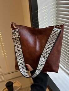Tas Hobo dengan Tali Geometris, Tas Selempang Kapasitas Besar, Tas Bahu Gaya Retro Wanita - Coklat - View 7