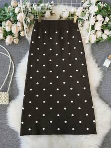 Women's Autumn/Winter Korean Y2K Polka Dot Knit Sweater Bodycon Skirt In Coffee Brown, Suitable For Casual Holiday Outings And Shopping - Brown With White Polka Dots - View 9