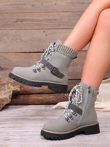 Brand Women's Ankle Combat Boots, Easy Wear, Buckle Accent Strap, Daily Wear - Grey - View 1