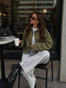 Women's Autumn Elegant Casual Green Faux Suede Zipper Long Sleeve Cropped Jacket, Suitable For Office, Outings And Vacation - Dark Green - View 5