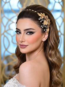 Shiny Golden Color Alloy Leaf Bridal Headband Gorgeous Rhinestone Woman Headwear Suitable For Wedding Party And Halloween - Gold - View 2