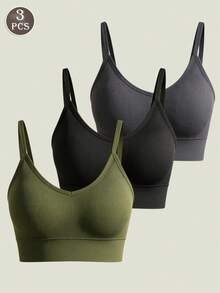 3pcs Women's Seamless Striped Camisole Sports Bra, Wireless Comfortable Bra With Built-In Padding, Elastic Soft Lingerie, Suitable For Yoga, Fitness, Daily Workout - Multicolor - View 5