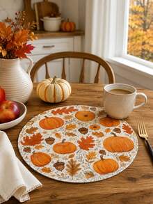 1/4/6PCS Pumpkin Maple Leaf Round Linen Placemats, Rustic Autumn Harvest Printed Dining Table Mats, Farmhouse Heat Resistant Decorative Place Mats For Thanksgiving Kitchen Dining Room Fall Home Table Decor - Multicolor - View 8