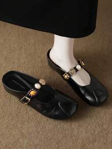 French Style Exquisite Silver Mary Jane High Heel Shoes, Vintage Square Toe Lace-Up Closed Toe Chunky Heel Sandals - Black - View 5