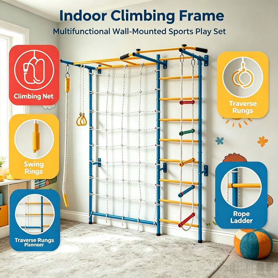 5-In-1 Wall Mounted Indoor Climbing Frame, Multi-Function Home Gym Wall With Rope Net, Swing Rings & Rope Ladder - Multicolor - View 1