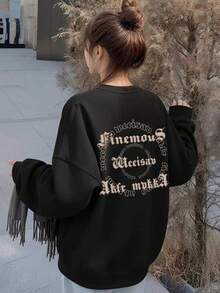 Dark Style Symmetrical Floral English Circular Print Black Crew Neck Sweatshirt, Lazy Slimming Casual Top - Black - View 7