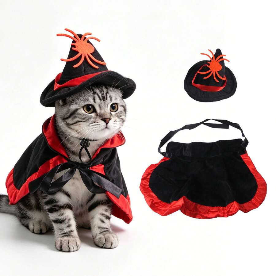 Pet Halloween Costume Set, Cute Witch Hat And Cape Outfit, Suitable For Cats And Dogs, Spooky Pumpkin And Spider Pattern Dress Up Clothes, Fun Party Photo Props, Suitable For Puppies And Kittens