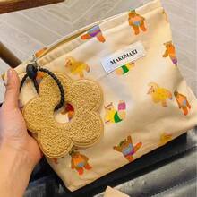 1pc Cute Bear Print Canvas Storage Bag, Large Capacity Zipper Organizer With Flower Charm, Travel Daily Storage Bag For Women - Multicolor - View 3