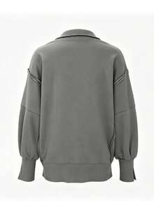European Women's Fashion Casual Design Split Hem Lantern Sleeve Polo Collar Loose Sweatshirt - Grey - View 3