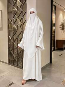 1 set Abaya Muslimah Sederhana, Gaun Maxi Lengan Mengembang Berkerut dengan Khimar Niqab yang Serasi, Pakaian Sholat Islami Longgar Bertekstur Kerut untuk Wanita - MultiWarna - View 11