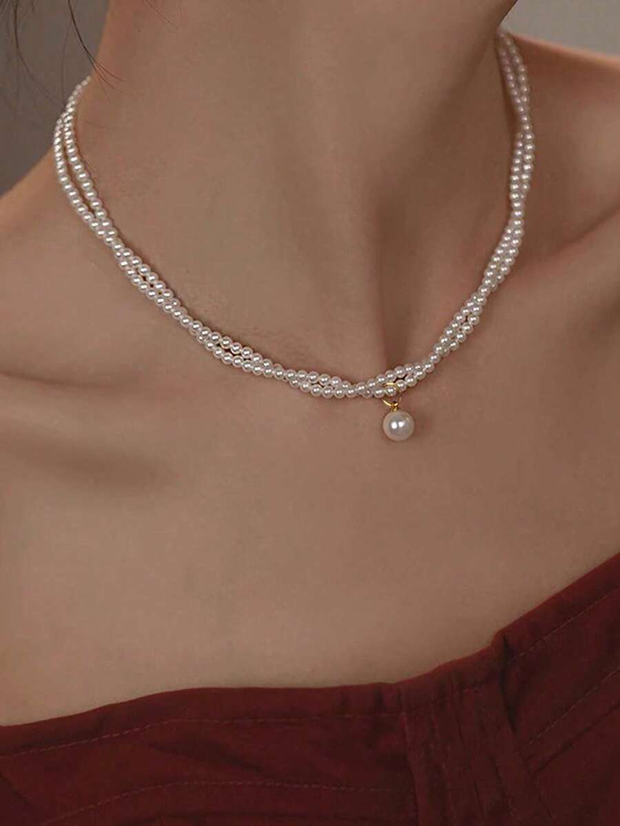 1pc Double Layer Faux Pearl Necklace, Fashionable Niche Elegant Collarbone Chain - White - View 1