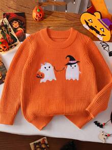 Girls' Orange Round Neck Long Sleeve Knitted Sweater, Halloween Ghost & Pumpkin Embroidered Pattern, Sweet Cute Casual Versatile Pullover, Suitable For Holiday Party, Daily Wear, Spring, Autumn, Winter - Orange - View 1