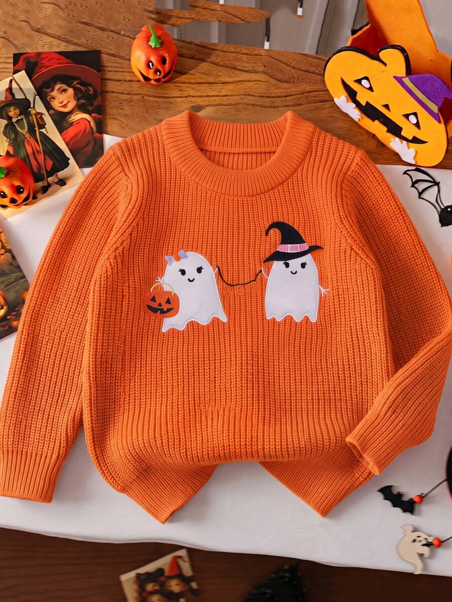 Girls' Orange Round Neck Long Sleeve Knitted Sweater, Halloween Ghost & Pumpkin Embroidered Pattern, Sweet Cute Casual Versatile Pullover, Suitable For Holiday Party, Daily Wear, Spring, Autumn, Winter - Orange - View 1
