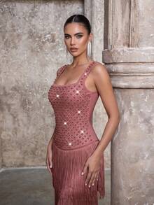 Modphy New Women's Sexy Square Neck Sleeveless Backless Heavy Hand-Embellished Beaded Rhinestone Tassel Bandage Long Dress, Elegant Formal Evening Gown - Brick Red - View 3