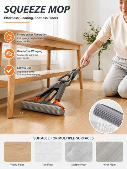 4-Level Automatic Wringing Sponge Mop, High Absorbency PVA Squeegee Mop, Large Mop Head, Thickened Durable Stainless Steel Handle, Suitable For Bathroom, Living Room, Home Floor Cleaning